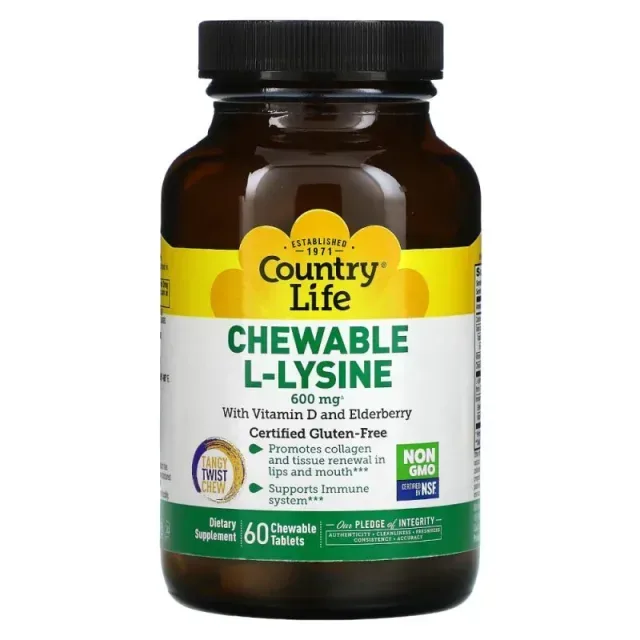 Амінокислота Country Life Chewable L-Lysine, 60 жувальних таблеток
