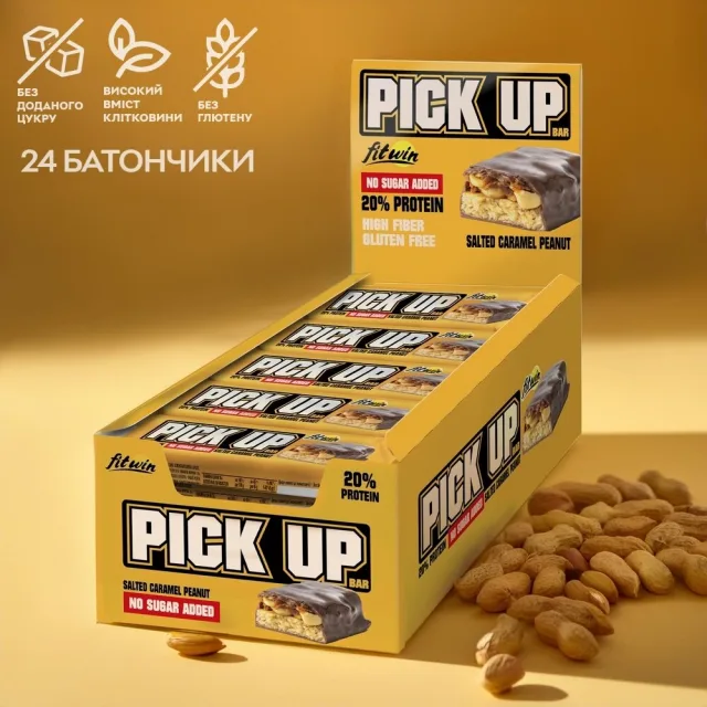 Батончик FitWin Pick Up, 24*45 грам - Солона карамель і арахіс, Арахіс - Карамель