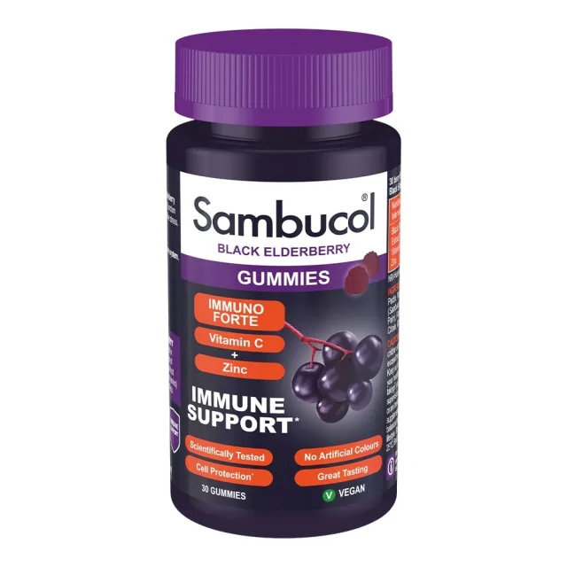 Екстракт чорної бузини, вітамін C і цинк Sambucol Black Elderberry Immuno Forte, 30 желейок для підтримки імунної системи