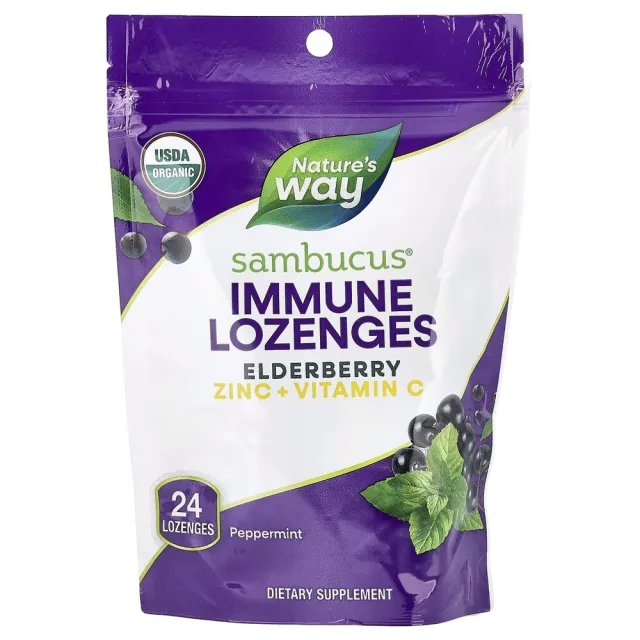 Екстракт чорної бузини, вітамін C і цинк Nature's Way Sambucus Immune Lozenges, 24 льодяники - Перцева м'ята