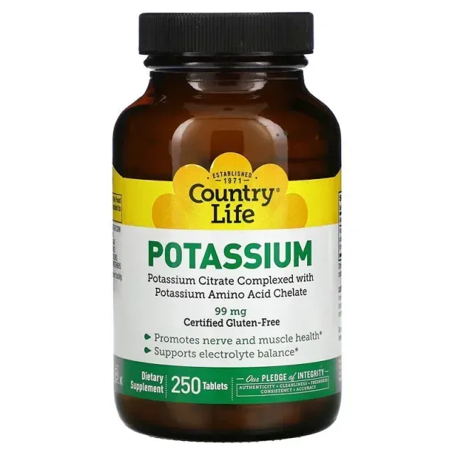 Калій цитрат Country Life Potassium 99 mg, 250 таблеток для підтримка нервів та м'язів