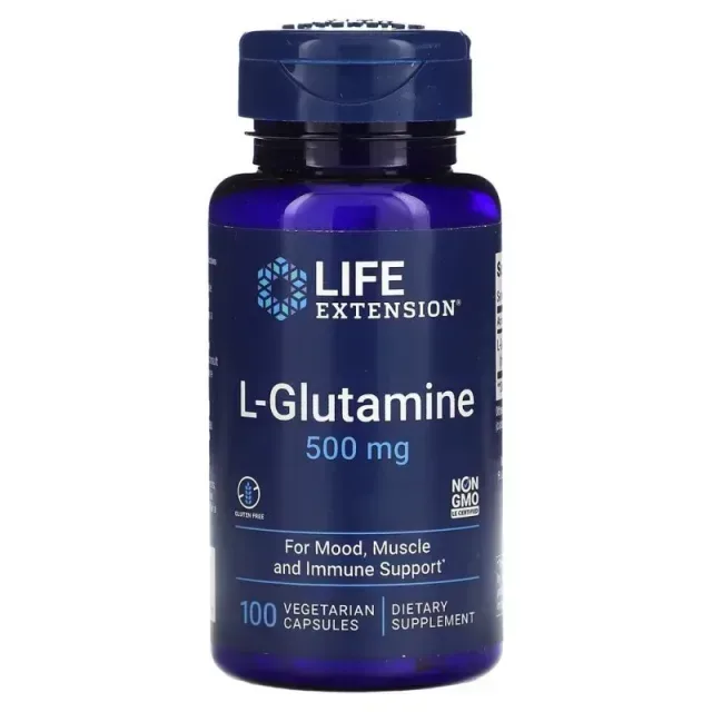 L-глютамін Life Extension L-Glutamine 500 mg, 100 вегакапсул для підтримки м'язів, кишківника, імунної системи