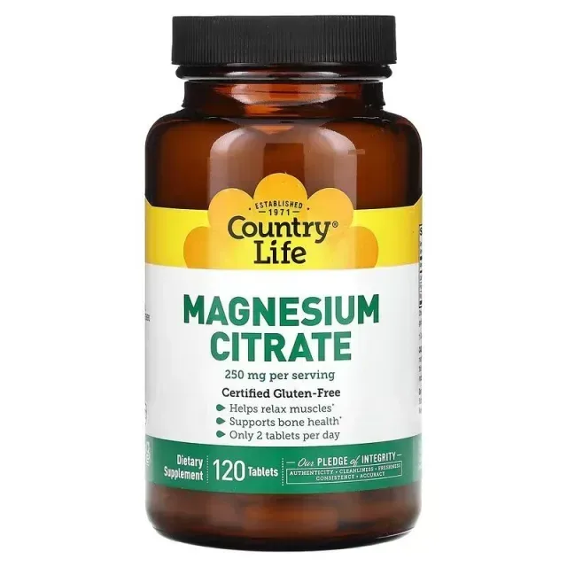 Магній, кальцій та фосфор Country Life Magnesium Citrate, 120 таблеток для підтримки кісток
