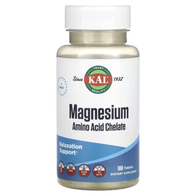 Магний хелат KAL Magnesium Chelate, 100 таблеток для поддержки сердца и нервной системы
