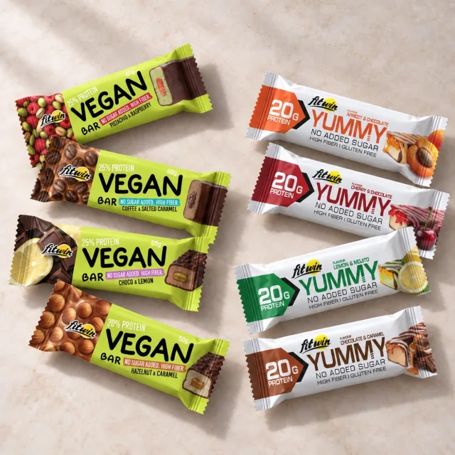 Набір протеїнових батончиків FitWin Vegan + YUMMY Bar, 8*55 грам MIX