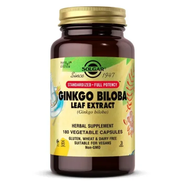 Натуральна добавка Solgar Ginkgo Biloba Leaf Extract Standardized Full Potency, 180 вегакапсул