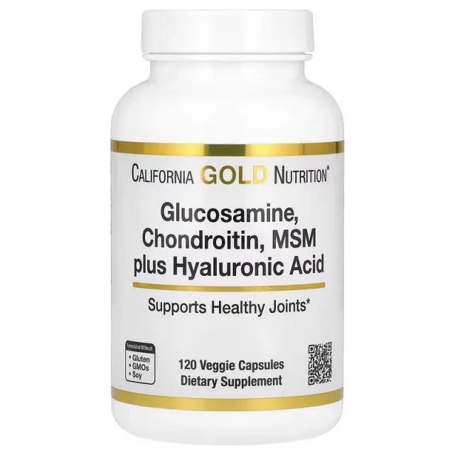 Препарат для суглобів і зв'язок California Gold Nutrition Glucosamine, Chondroitin, MSM Plus Hyaluronic Acid, 120 вегакапсул