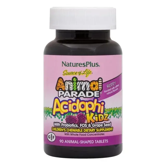 Пробіотики і пребіотики Natures Plus Animal Parade AcidophiKidz Children’s Chewables, 90 жувальних таблеток ягоди