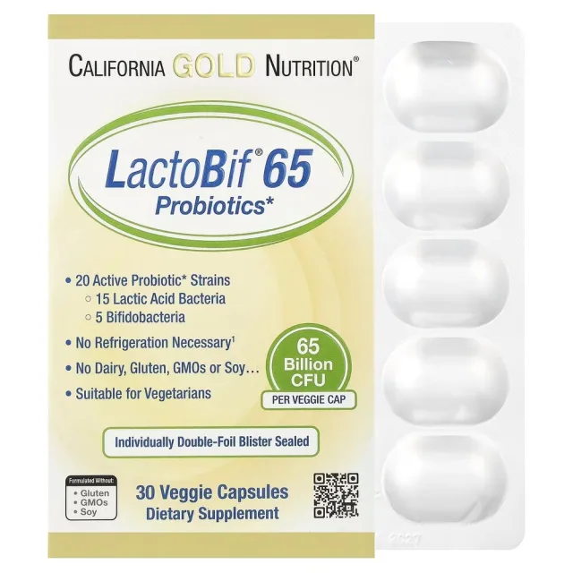 Суміш пробіотичних бактерій California Gold Nutrition LactoBif 65 Probiotics, 30 вегакапсул