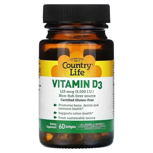 Витамин D3 Country Life Vitamin D3 5000 IU, 60 капсул для здоровья костей, зубов и иммунитета