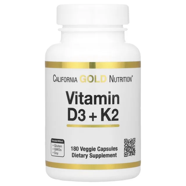 Вітамін D3 і K2 California Gold Nutrition Vitamin D3 + K2, 180 вегакапсул для підтримки здоров'я кісток