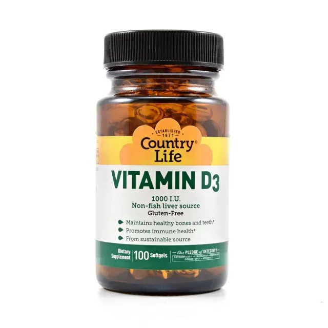 Витамин D3 растительного происхождения Country Life Vitamin D3 1000 IU, 100 капсул для поддержки костей и иммунитета