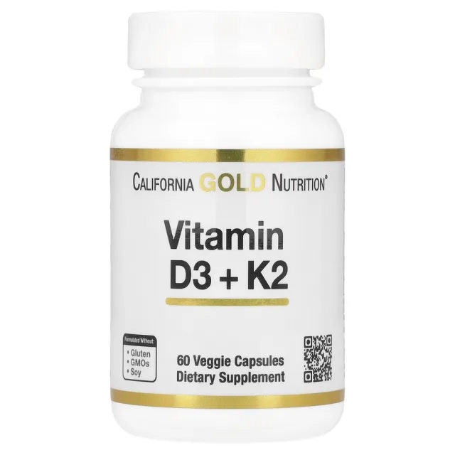 Вітамін D3 та K2 California Gold Nutrition Vitamin D3 + K2, 60 вегакапсул для підтримки здоров'я кісток