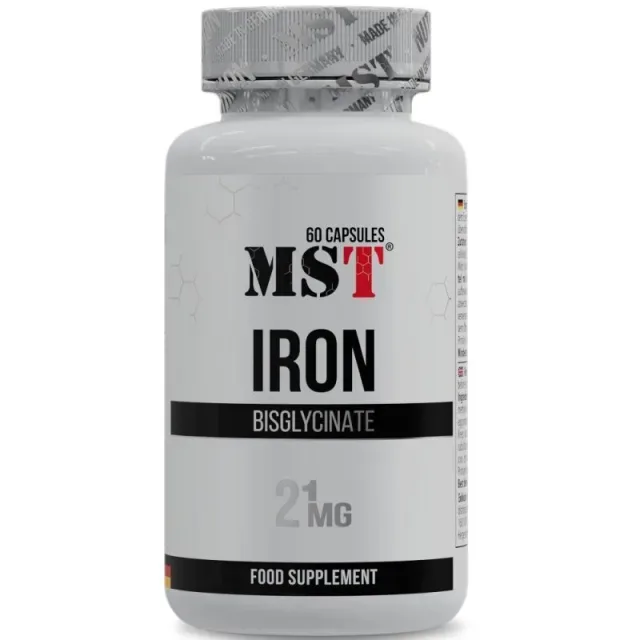 Вітамін С та залізо MST Nutrition Iron Bisglycinate, 60 капсул для профілактики залізодефіцитної анемії
