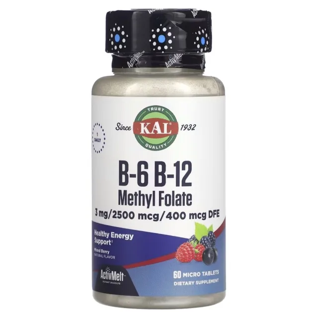 Вітаміни B6, B12 KAL B-6 B-12 Methyl Folate, 60 мікро таблеток для підтримки серцево-судинної системи