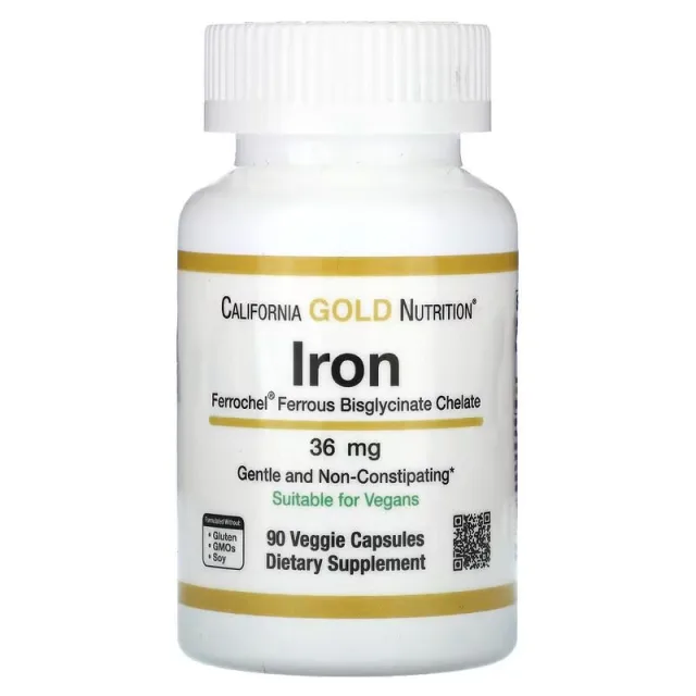 Хелат бісгліцинату заліза California Gold Nutrition Ferrochel Iron Bisglycinate 36 mg, 90 вегакапсул