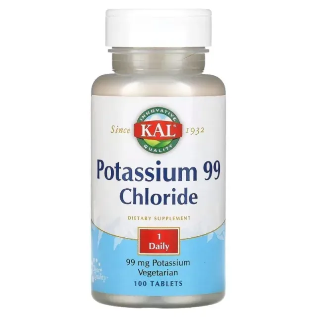 Хлорид калия KAL Potassium Chloride 99 mg, 100 таблеток для поддержки мышц и нервной системы
