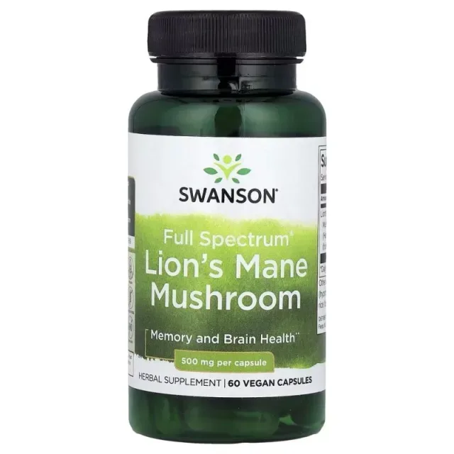 Їжовик гребінчастий Swanson Lion's Mane Mushroom 500 mg Full Spectrum, 60 капсул для підтримки когнітивної функції